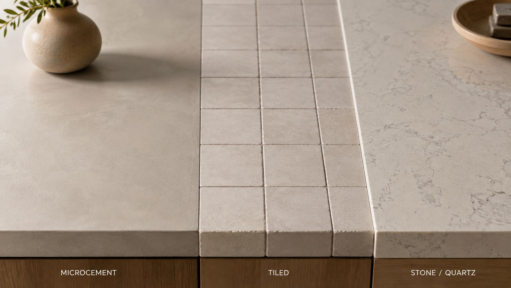 Tre forskellige typer bordpladematerialer inklusive microcement, fliser og natursten vist side om side i et køkkenmiljø.