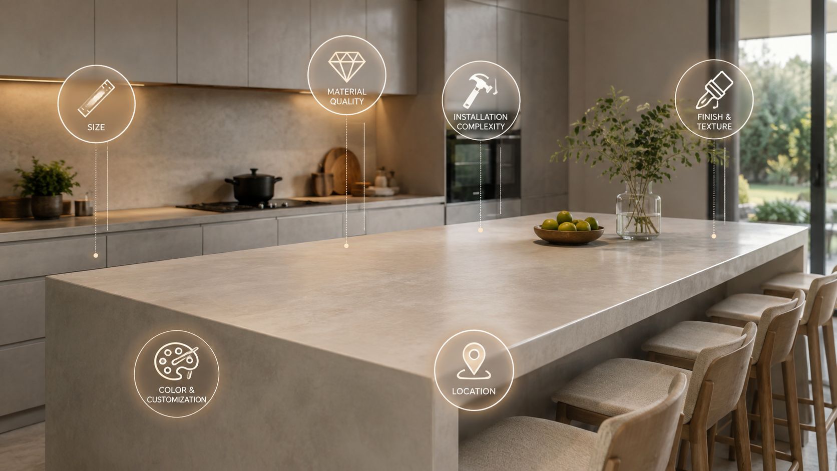 Et moderne køkken med en elegant microcement bordplade og interaktive ikoner der viser vigtige købs- og designfaktorer.