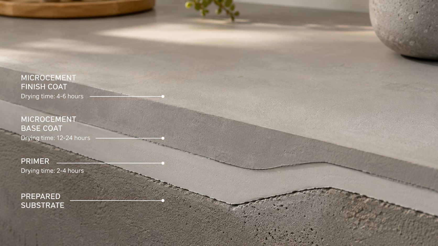 En detaljeret tværsnitsvisning af en microcement bordplade, der viser lagopbygningen med primer, basecoat og finishcoat.