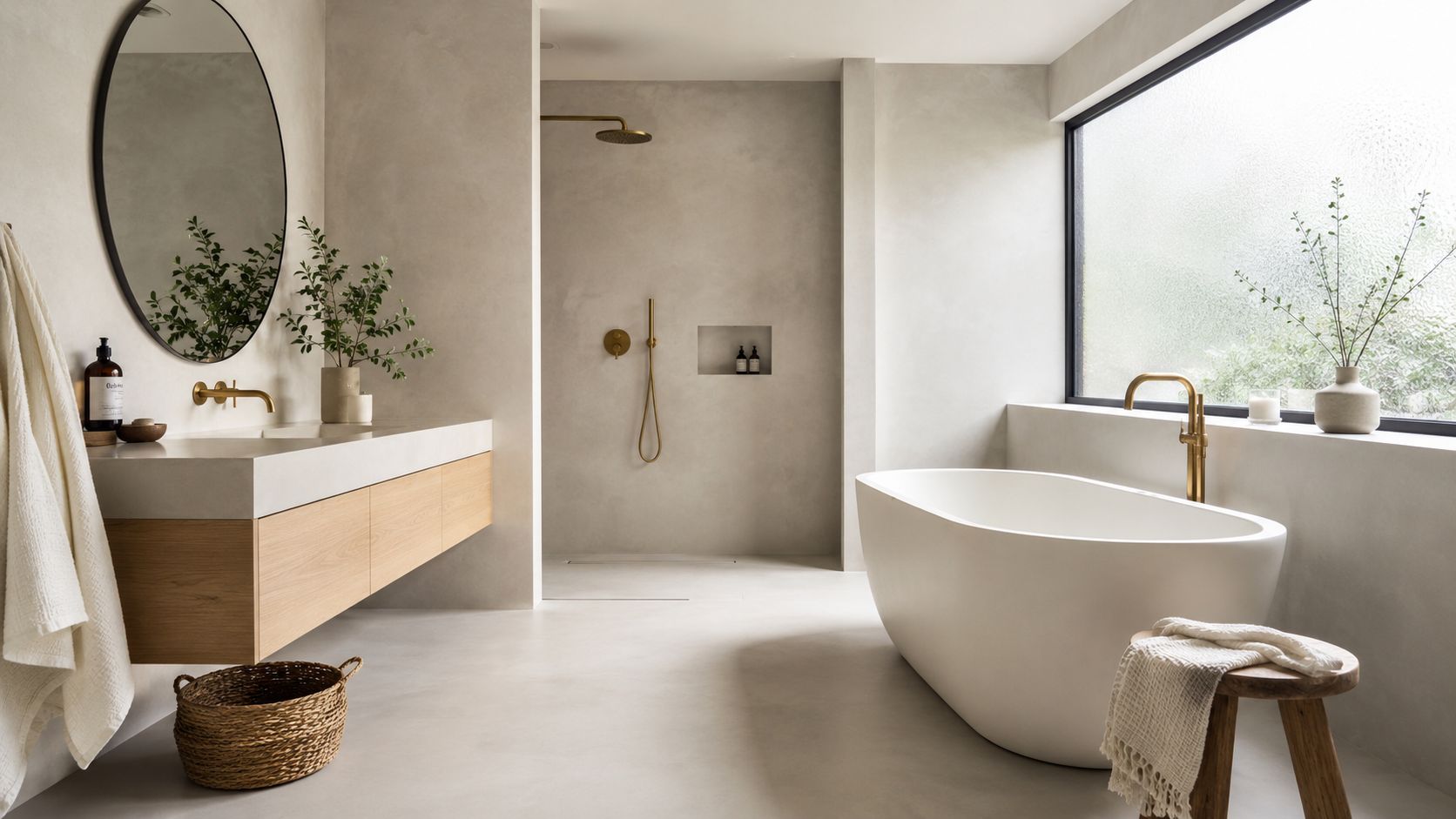 Et moderne badeværelse med microcement, fritstående badekar, lyst træmøbel og minimalistisk indretning i en rolig, elegant stil.
