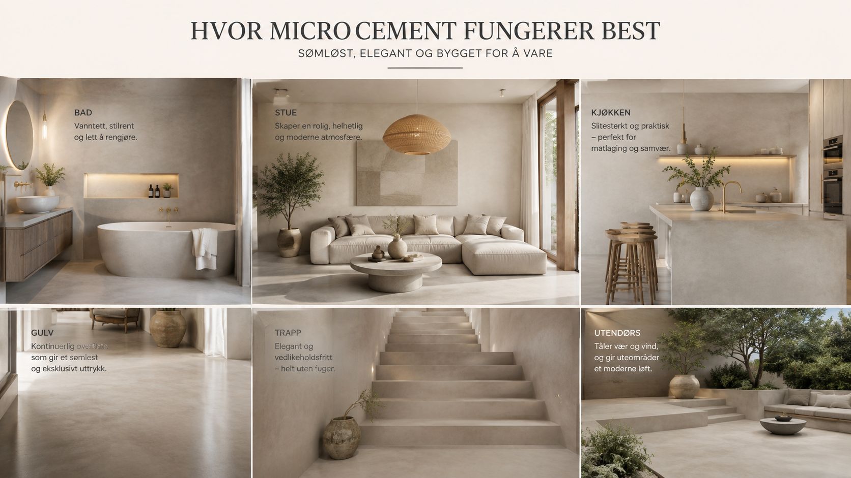 Eksempler på microcement anvendt i forskellige rum som bad, køkken, stue, trapper og udendørs arealer.