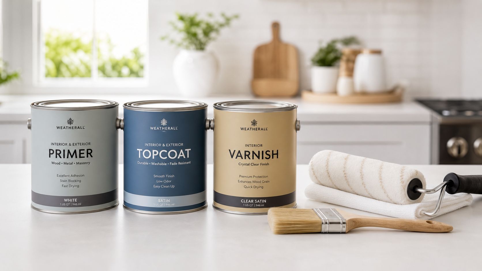 Tre dåser Weatherall maling inklusive primer, topcoat og lak stående på en køkkenbordplade med malergrej.