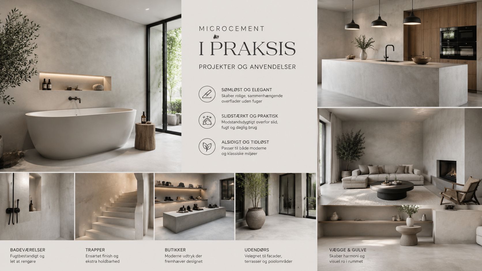 Eksempler på microcement anvendt i badeværelser, køkkener, stuer, butikker og udendørsarealer for et moderne, sømløst og elegant design.