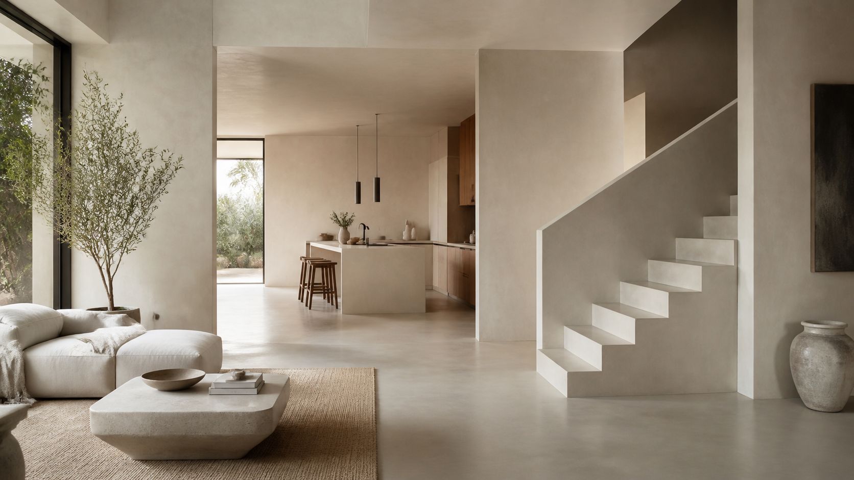 Moderne åbent opholdsrum med minimalistisk interiør, beige vægge, en elegant trappe og et stilfuldt køkkenområde i baggrunden.