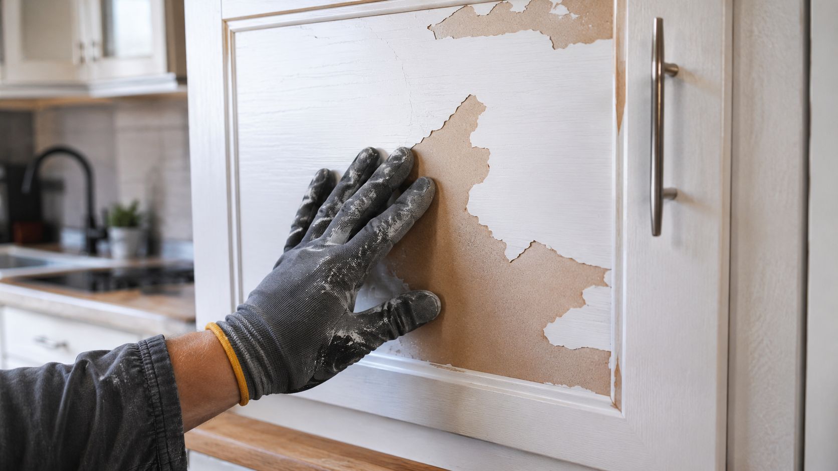 En person med handsker rører ved et køkkenskab, hvor malingen skaller af laminatoverfladen.