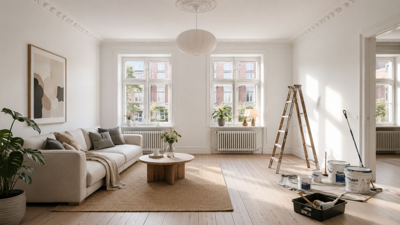 Lys og moderne stue under renovering med malergrej, en stige og en behagelig beige sofa.