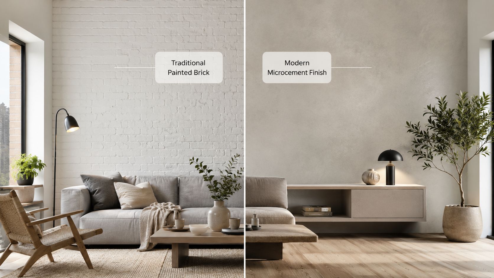 Sammenligning af to stueinteriører med hvidmalet murstensvæg og moderne mikrocementfinish i en lys, minimalistisk stil.