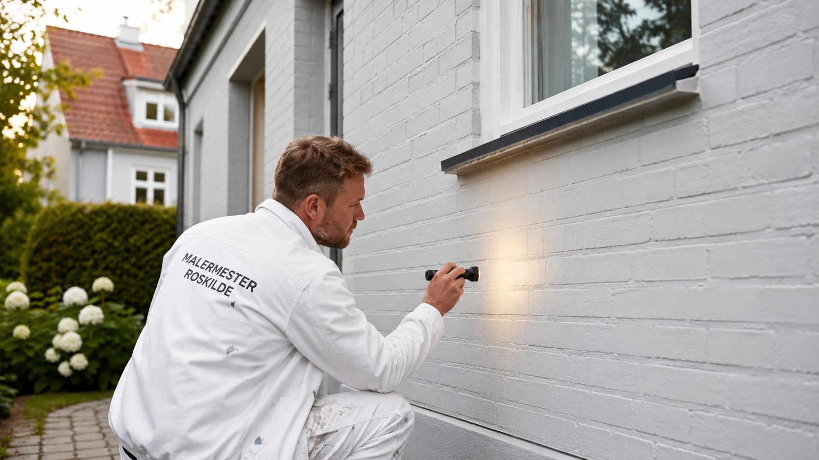 En professionel maler fra Roskilde inspicerer en nymalet hvid mur med en lommelygte for at sikre kvaliteten.