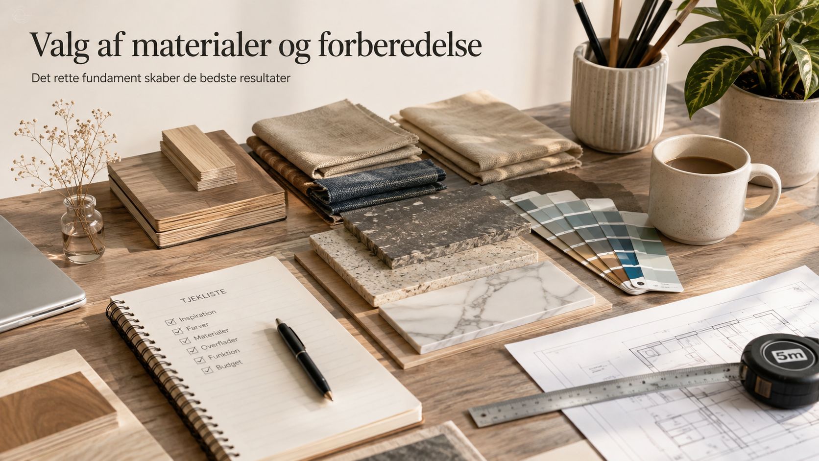Et skrivebord med en tjekliste, materialeprøver af sten og træ, stofprøver og arkitekttegninger til planlægning af boligindretning.