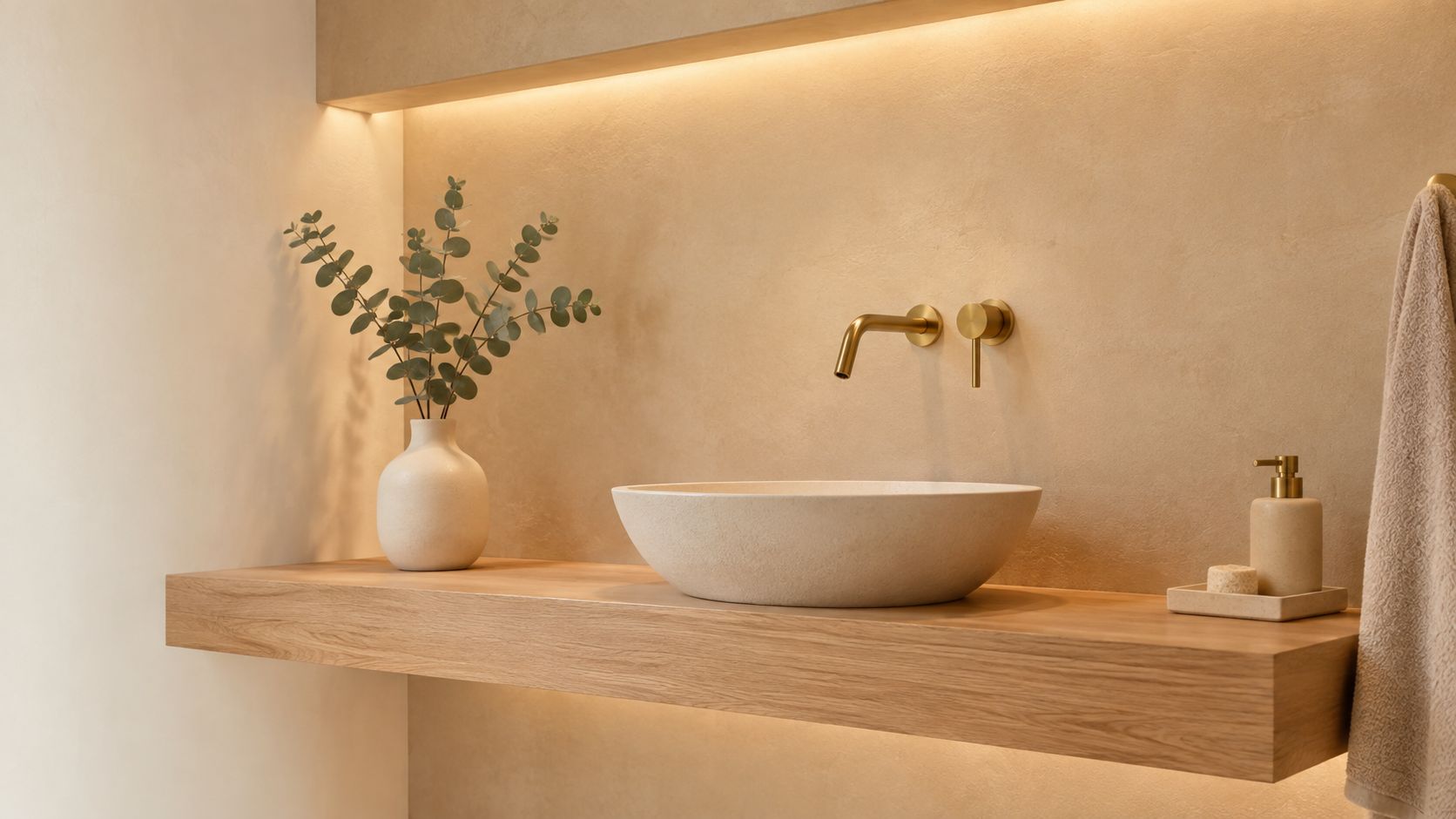 Et moderne spa-badeværelse med en minimalistisk sten-håndvask, guldarmatur og en smuk træhylde i beroligende beige nuancer.
