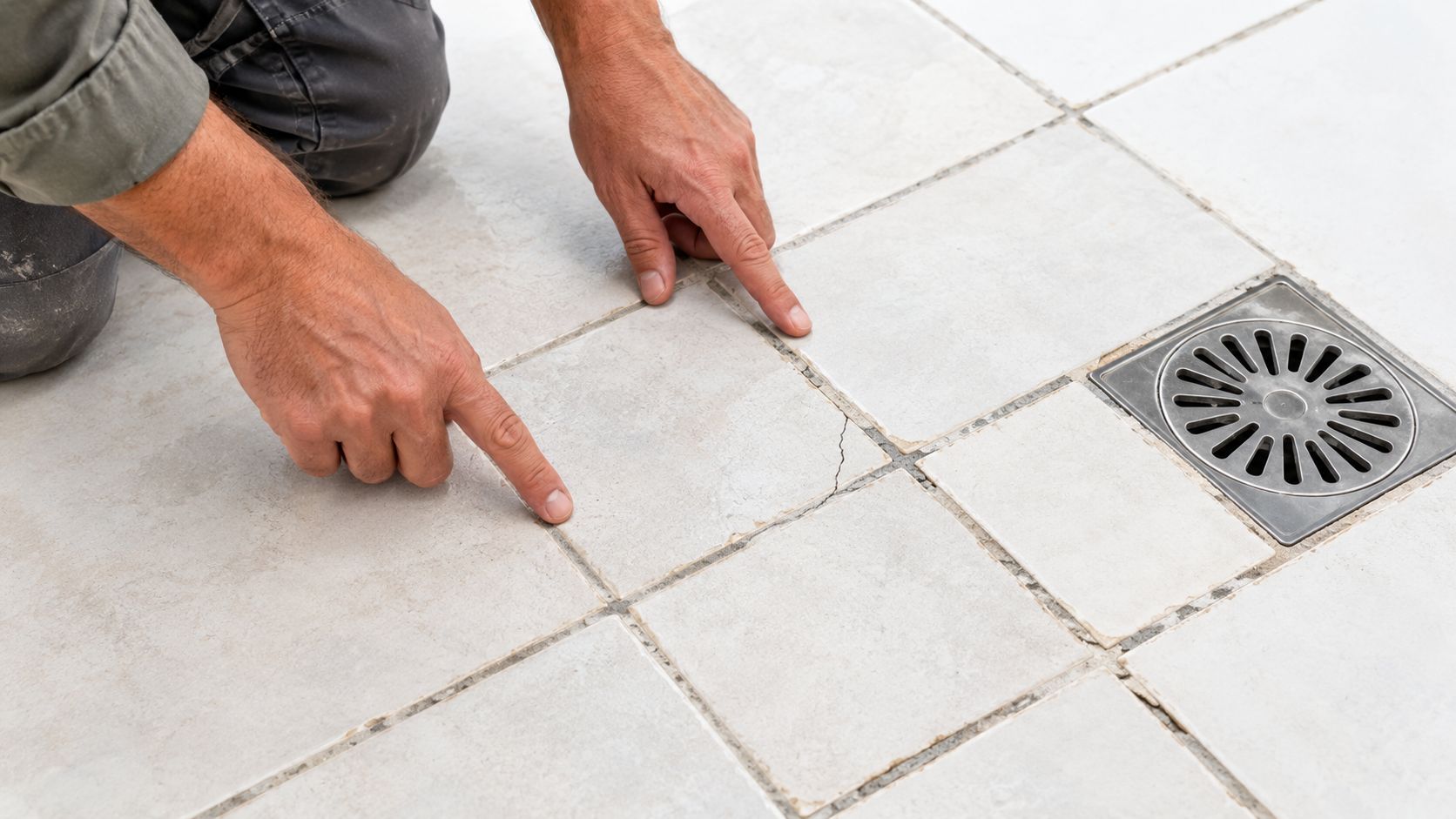 En håndværker inspicerer et gammelt flisegulv med revner før en renovering med microcement.