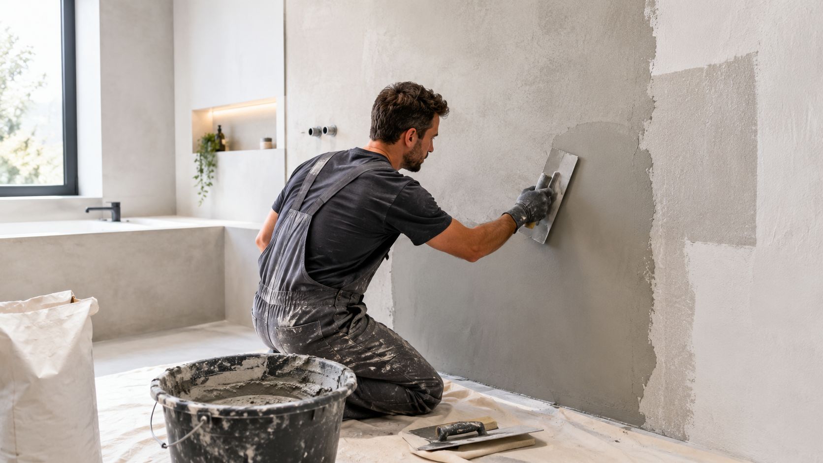 En håndværker er i gang med at påføre microcement på en badeværelsesvæg under en renovering.