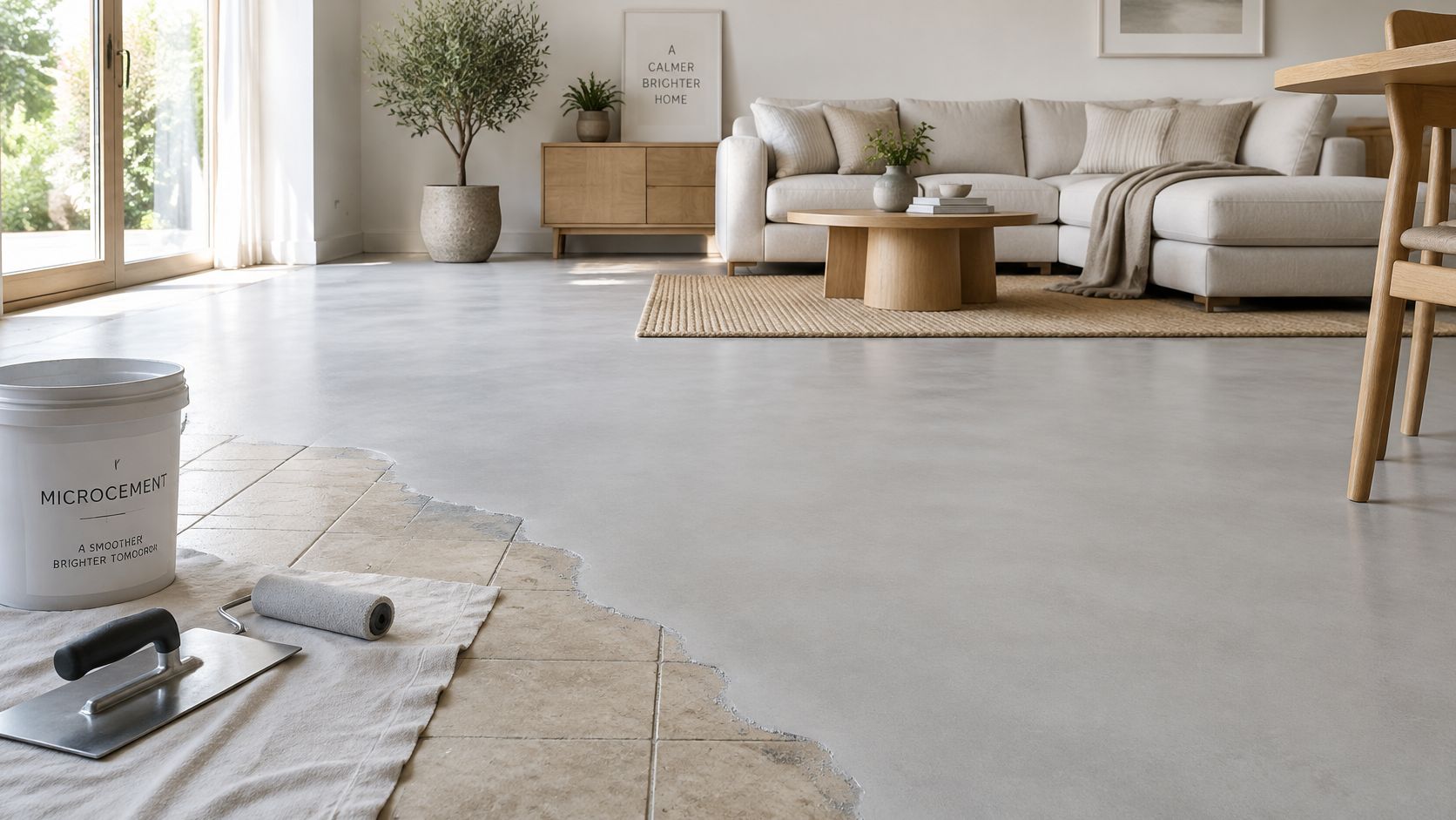 Eksisterende flisegulv under renovering med en ny, glat overflade af grå microcement.