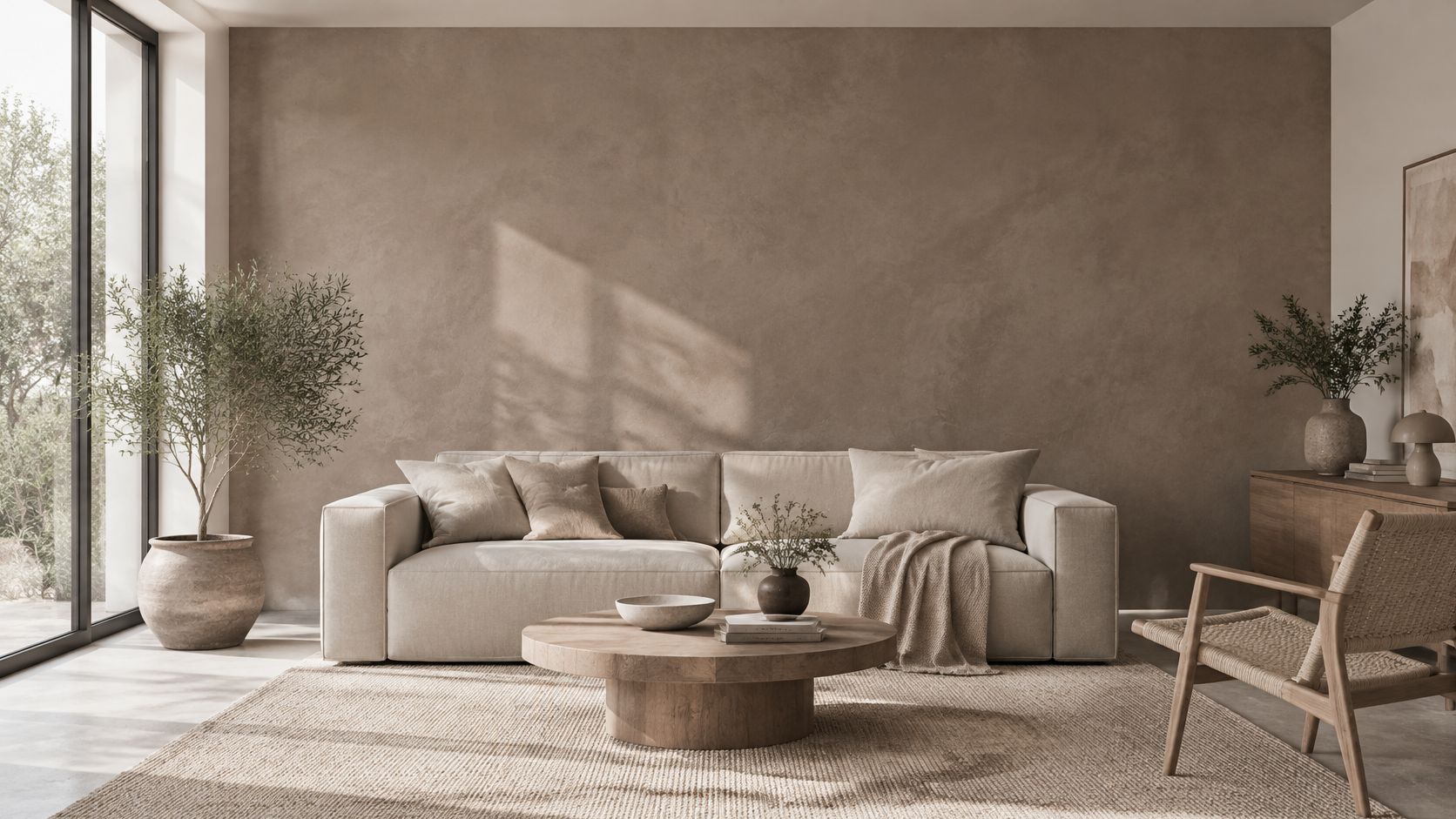 Stue med microcementvæg, beige sofa, rundt sofabord af træ og et oliventræ i krukke.