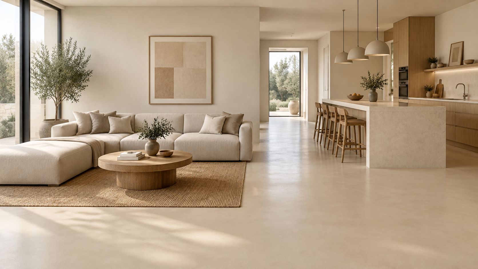 En moderne lys stue med microcementgulv, beige sofa og åbent køkken i skandinavisk stil.