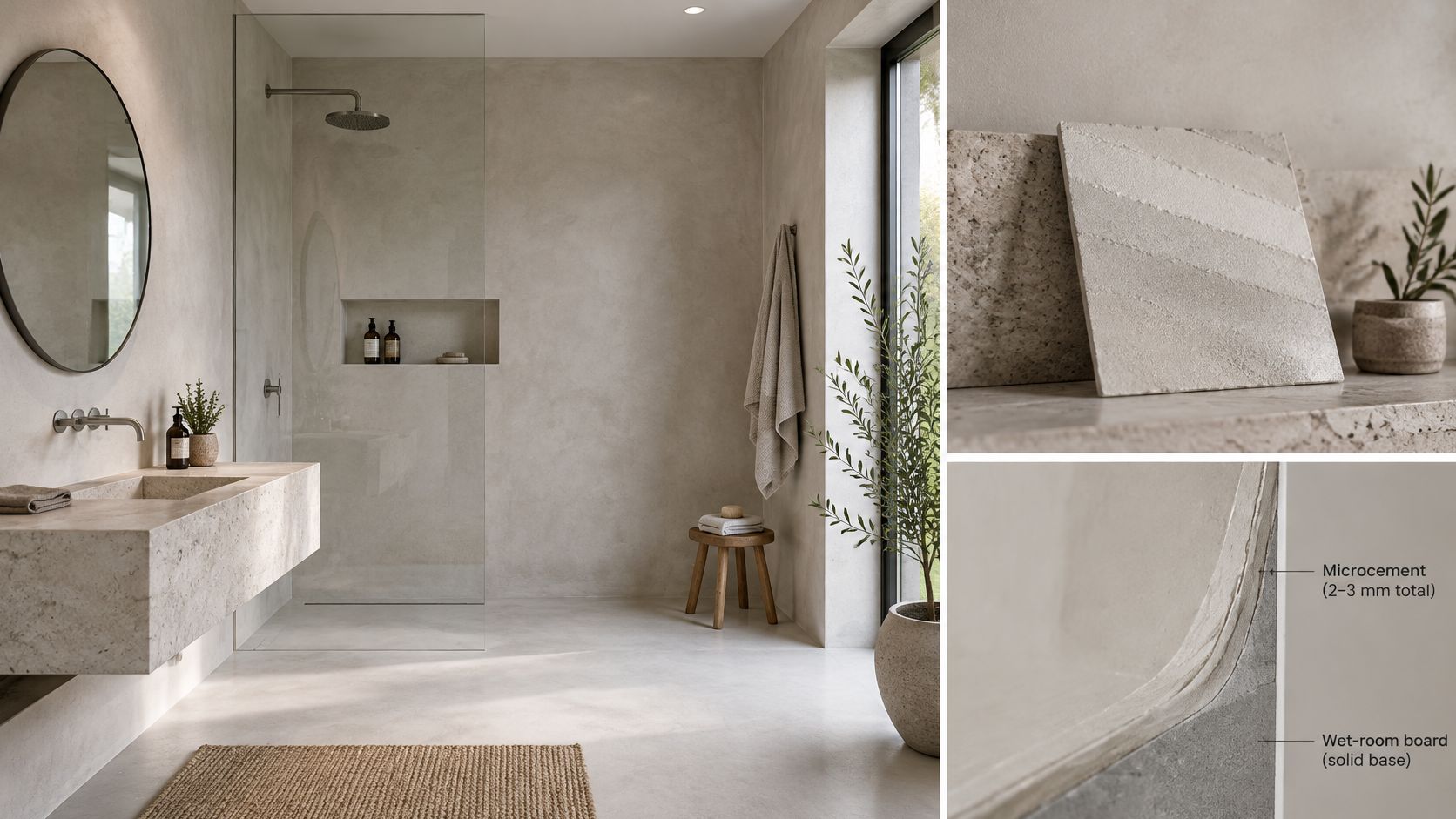 Moderne badeværelse med microcement på vægge og vådrumsplader, der giver et minimalistisk og stilrent skandinavisk udtryk.